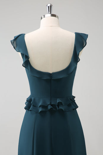 Dunkles Pfauengrünes Chiffon Lange Brautjungfernkleid mit Rundhalsausschnitt