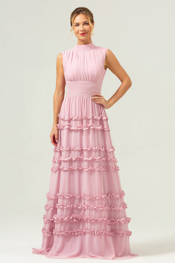Erröten Chiffon A-Linie Offenem Rücken Langes Brautjungfernkleid mit Rüschen