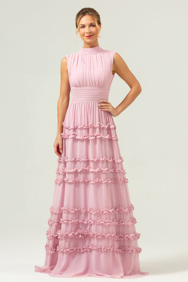 Laden Sie das Bild in den Galerie-Viewer, Erröten Chiffon A-Linie Offenem Rücken Langes Brautjungfernkleid mit Rüschen