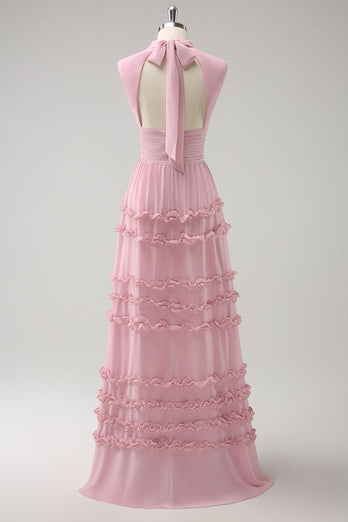 Erröten A-Linie Lange Chiffon Brautjungfernkleid mit Offenem Rücken