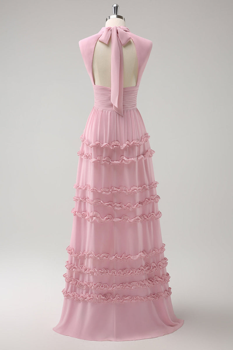 Laden Sie das Bild in den Galerie-Viewer, Erröten A-Linie Lange Chiffon Brautjungfernkleid mit Offenem Rücken