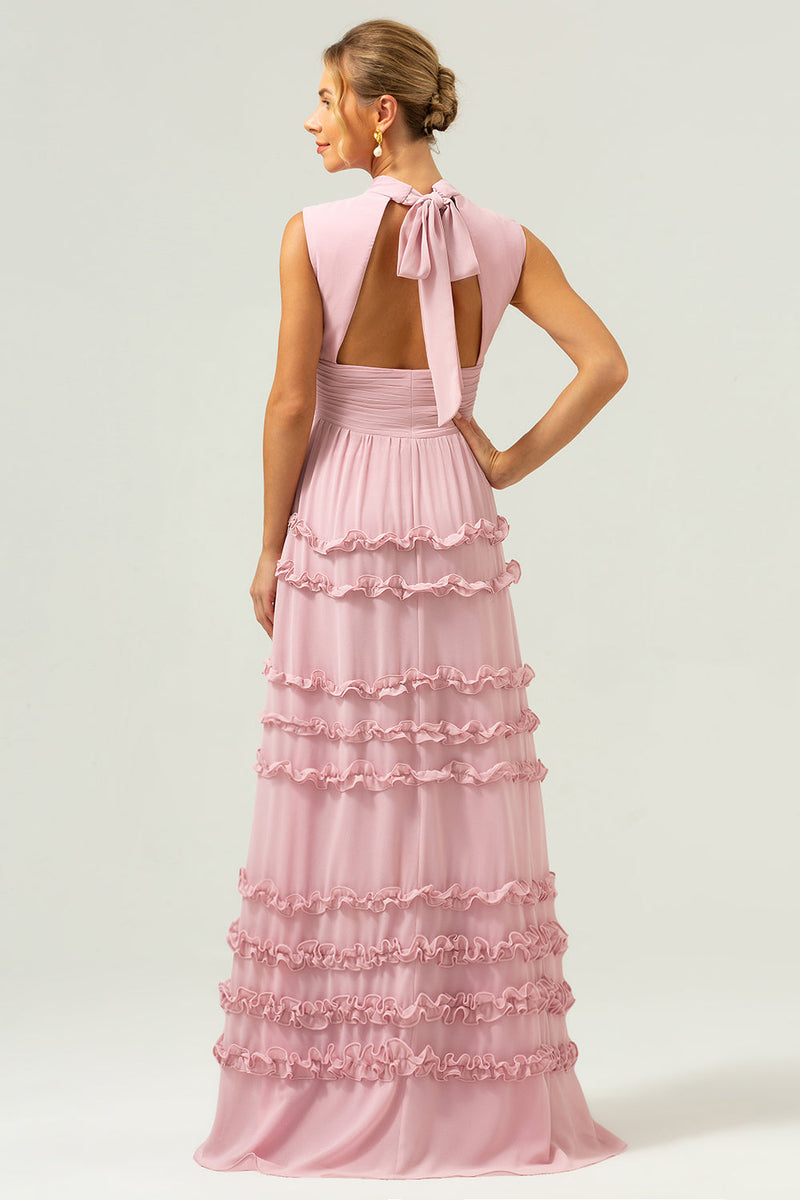 Laden Sie das Bild in den Galerie-Viewer, Erröten Chiffon A-Linie Offenem Rücken Langes Brautjungfernkleid mit Rüschen