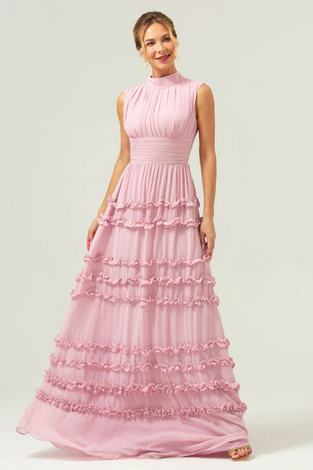 Erröten Chiffon A-Linie Offenem Rücken Langes Brautjungfernkleid mit Rüschen