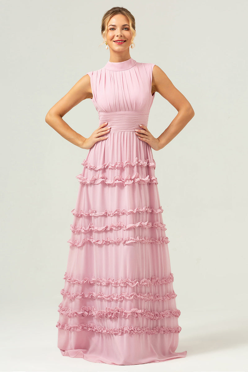 Laden Sie das Bild in den Galerie-Viewer, Erröten Chiffon A-Linie Offenem Rücken Langes Brautjungfernkleid mit Rüschen