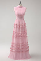 Laden Sie das Bild in den Galerie-Viewer, Erröten A-Linie Lange Chiffon Brautjungfernkleid mit Offenem Rücken