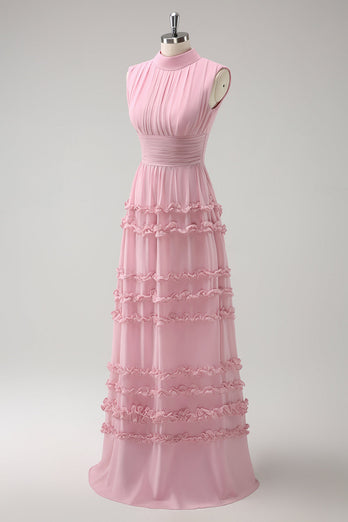 Erröten A-Linie Lange Chiffon Brautjungfernkleid mit Offenem Rücken