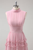 Laden Sie das Bild in den Galerie-Viewer, Erröten A-Linie Lange Chiffon Brautjungfernkleid mit Offenem Rücken