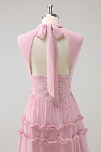 Erröten A-Linie Lange Chiffon Brautjungfernkleid mit Offenem Rücken