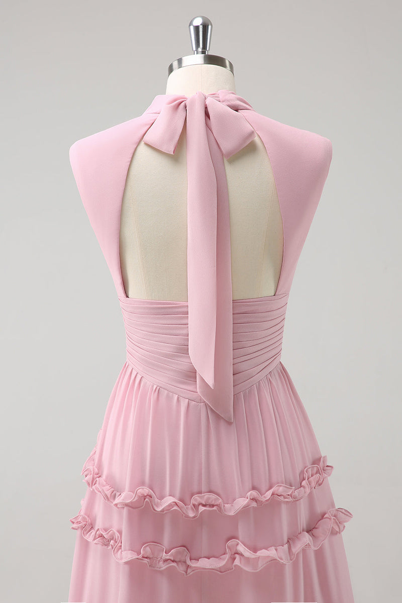 Laden Sie das Bild in den Galerie-Viewer, Erröten A-Linie Lange Chiffon Brautjungfernkleid mit Offenem Rücken