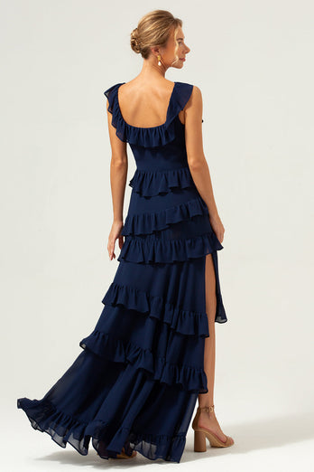 Dunkle Marine A-Linie Gestuftes Chiffon Langes Brautjungfernkleid