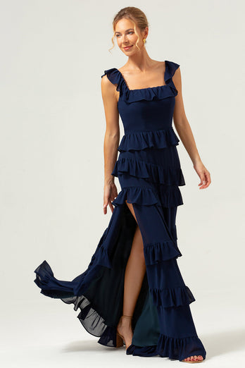 Dunkle Marine A-Linie Gestuftes Chiffon Langes Brautjungfernkleid