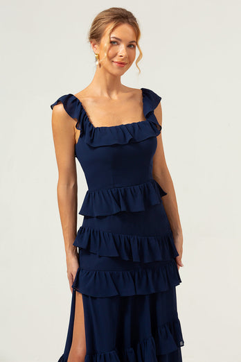Dunkle Marine A-Linie Gestuftes Chiffon Langes Brautjungfernkleid