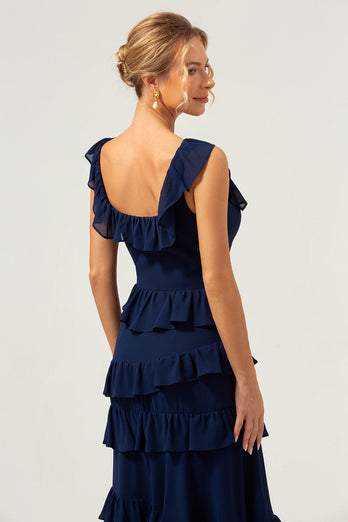 Dunkle Marine A-Linie Gestuftes Chiffon Langes Brautjungfernkleid