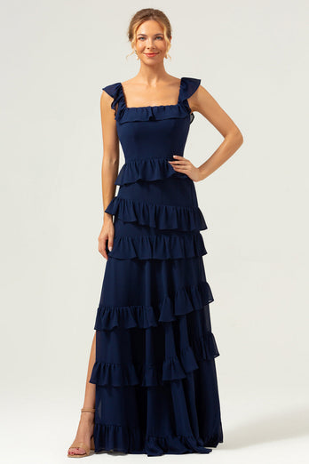 Dunkle Marine A-Linie Gestuftes Chiffon Langes Brautjungfernkleid
