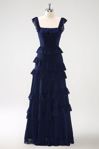 Dunkle Marine A-Linie Lange Chiffon Brautjungfernkleid mit Schlitz
