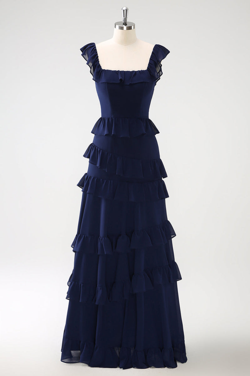 Laden Sie das Bild in den Galerie-Viewer, Dunkle Marine A-Linie Lange Chiffon Brautjungfernkleid mit Schlitz