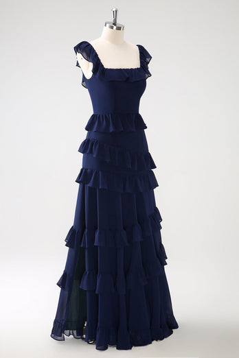 Dunkle Marine A-Linie Lange Chiffon Brautjungfernkleid mit Schlitz