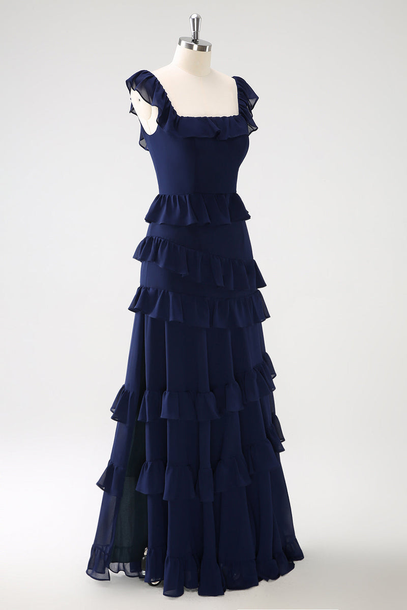 Laden Sie das Bild in den Galerie-Viewer, Dunkle Marine A-Linie Lange Chiffon Brautjungfernkleid mit Schlitz