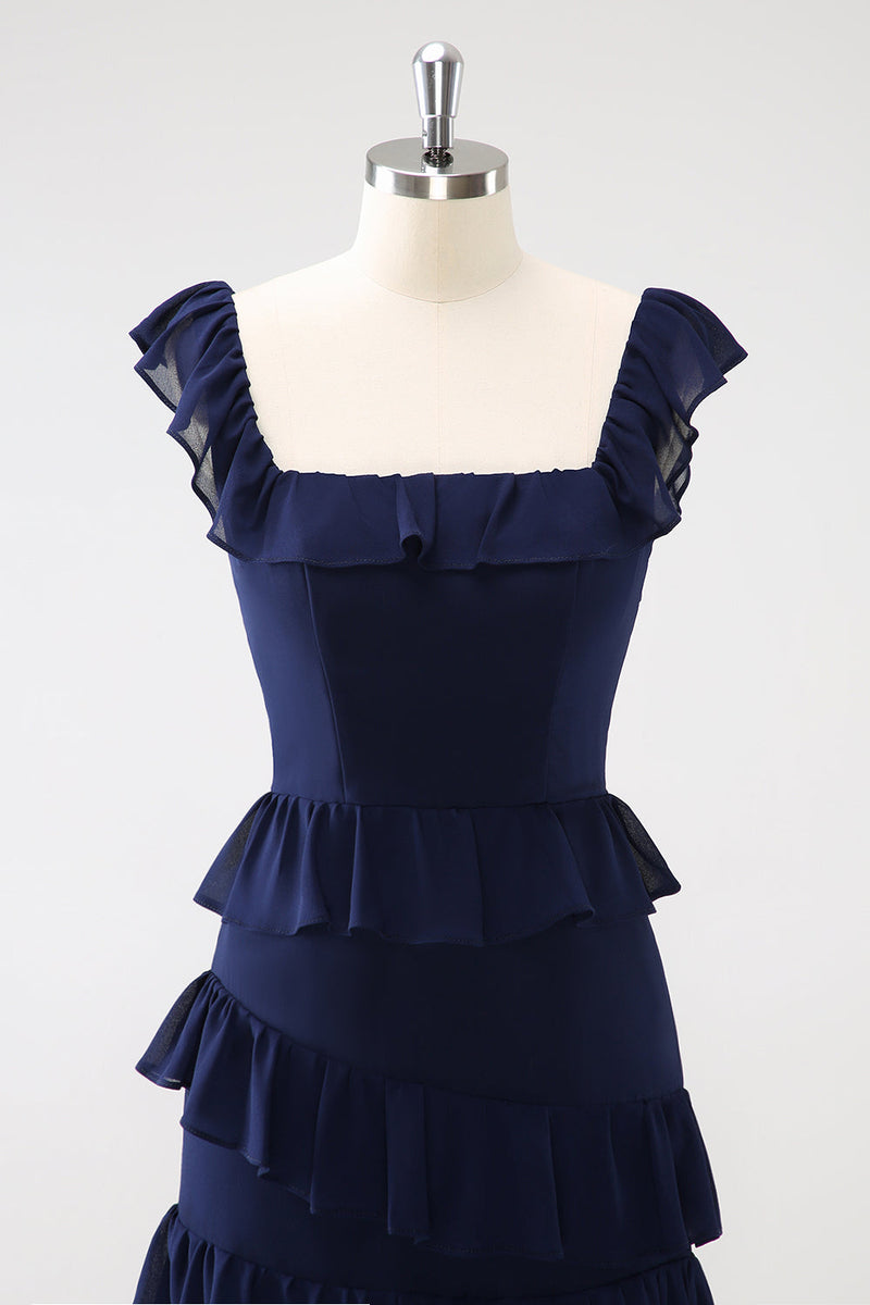 Laden Sie das Bild in den Galerie-Viewer, Dunkle Marine A-Linie Lange Chiffon Brautjungfernkleid mit Schlitz