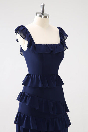 Dunkle Marine A-Linie Lange Chiffon Brautjungfernkleid mit Schlitz