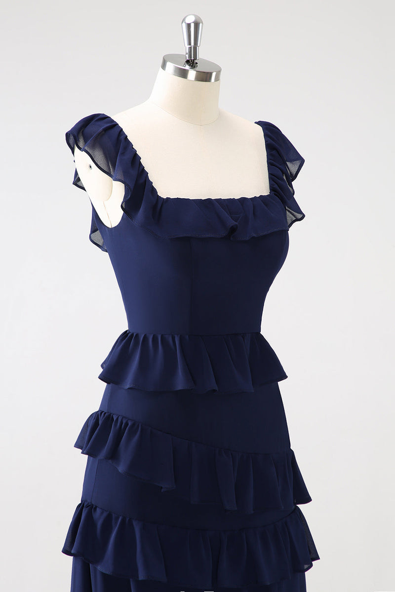 Laden Sie das Bild in den Galerie-Viewer, Dunkle Marine A-Linie Lange Chiffon Brautjungfernkleid mit Schlitz