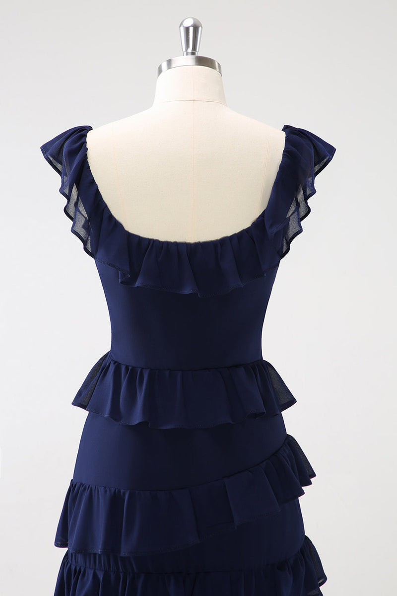 Laden Sie das Bild in den Galerie-Viewer, Dunkle Marine A-Linie Lange Chiffon Brautjungfernkleid mit Schlitz
