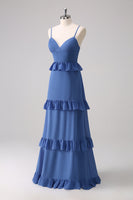 Laden Sie das Bild in den Galerie-Viewer, Dunkelblaues Spaghettiträgern Gestuftem Langes Brautjungfernkleid