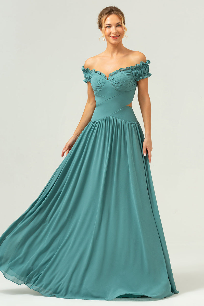 Laden Sie das Bild in den Galerie-Viewer, Eukalyptus Chiffon in A-Linie Schulterfreies Langes Brautjungfernkleid