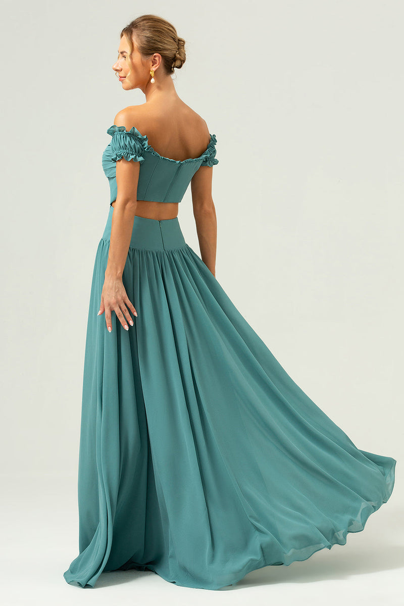 Laden Sie das Bild in den Galerie-Viewer, Eukalyptus Chiffon in A-Linie Schulterfreies Langes Brautjungfernkleid
