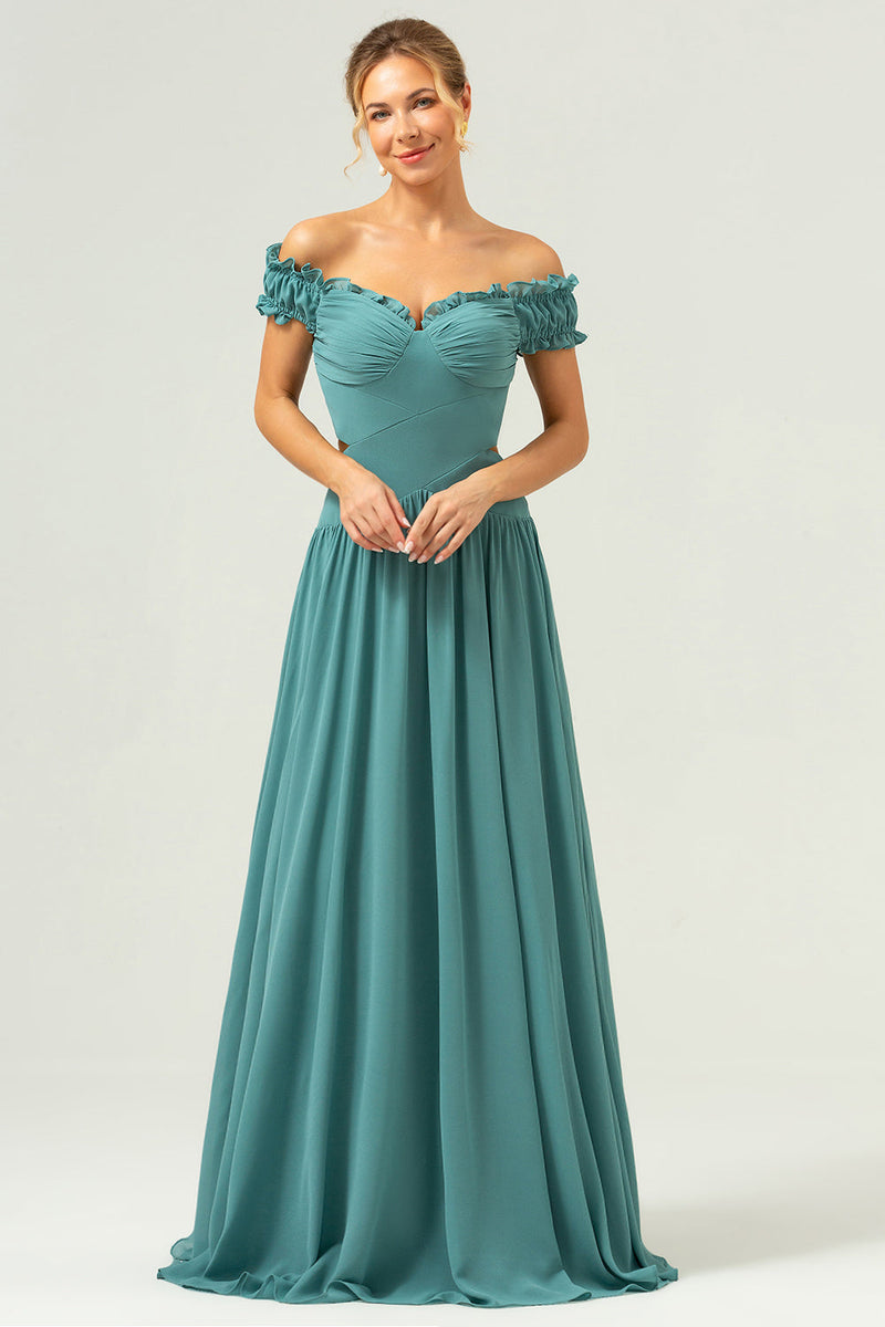 Laden Sie das Bild in den Galerie-Viewer, Eukalyptus Chiffon in A-Linie Schulterfreies Langes Brautjungfernkleid