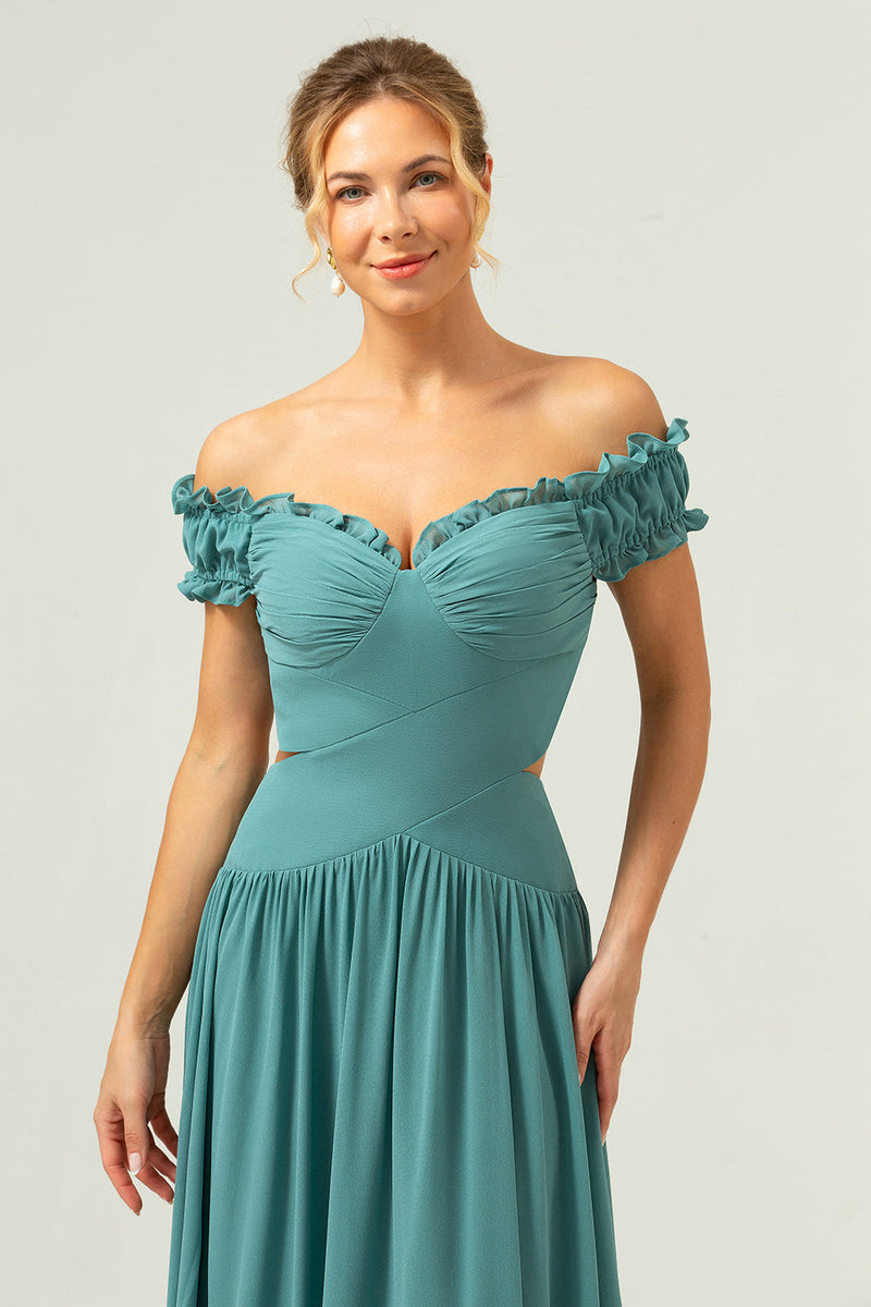 Laden Sie das Bild in den Galerie-Viewer, Eukalyptus Chiffon in A-Linie Schulterfreies Langes Brautjungfernkleid