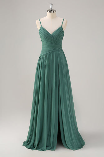 Eukalyptus A-Linie Chiffon Plissee Lange Brautjungfernkleid