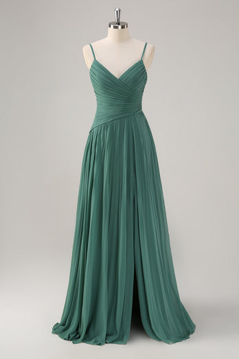 Eukalyptus A-Linie Chiffon Plissee Lange Brautjungfernkleid