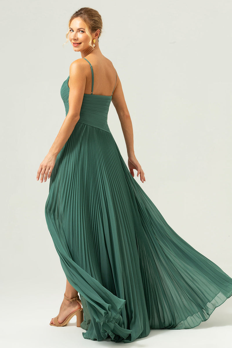 Laden Sie das Bild in den Galerie-Viewer, Eukalyptus A-Linie Spaghettiträger Lange Brautjungfernkleid
