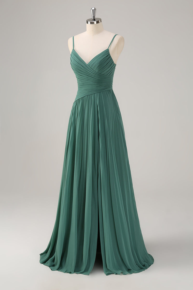 Laden Sie das Bild in den Galerie-Viewer, Eukalyptus A-Linie Chiffon Plissee Lange Brautjungfernkleid