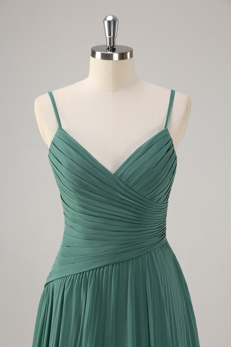 Laden Sie das Bild in den Galerie-Viewer, Eukalyptus A-Linie Chiffon Plissee Lange Brautjungfernkleid