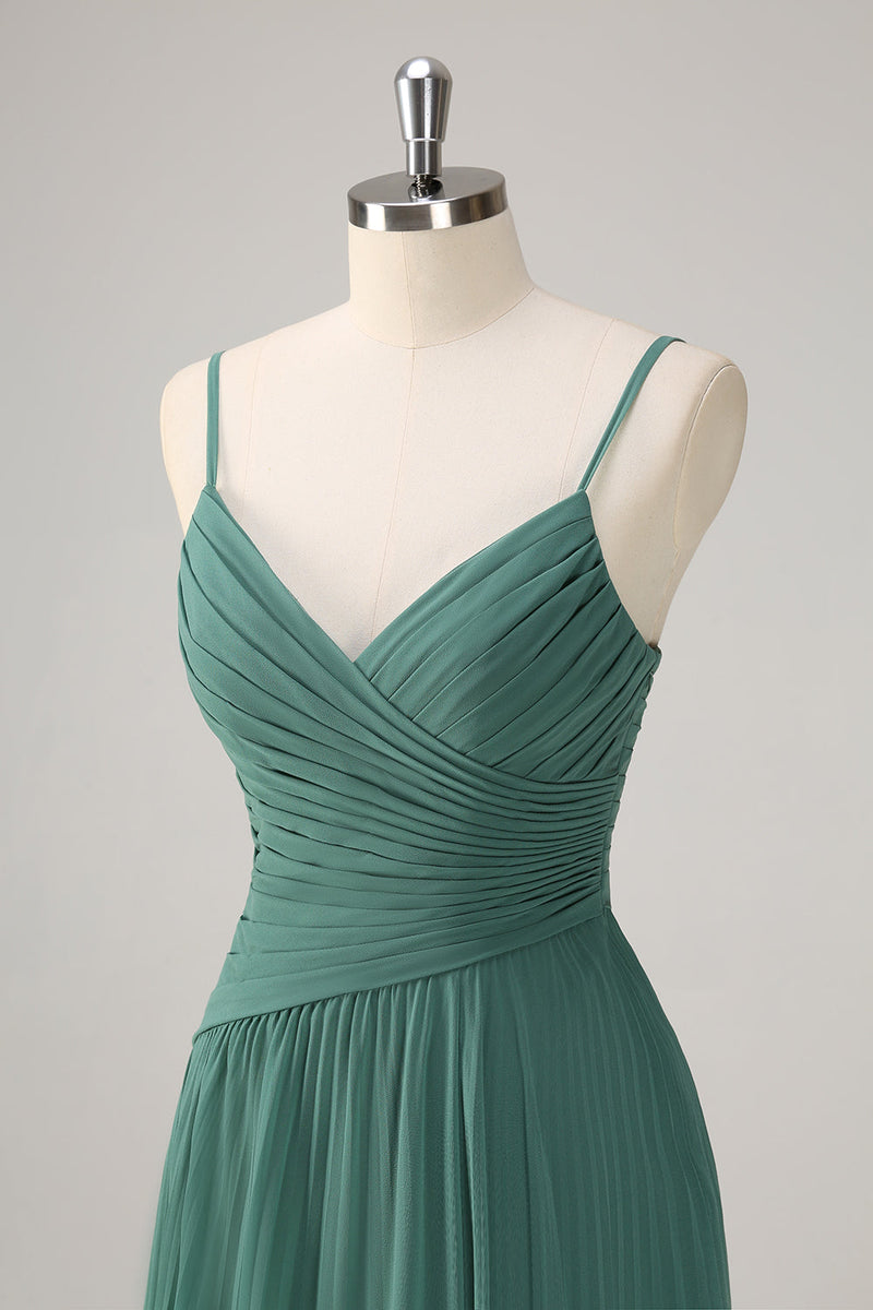 Laden Sie das Bild in den Galerie-Viewer, Eukalyptus A-Linie Chiffon Plissee Lange Brautjungfernkleid