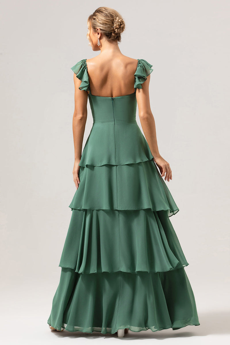 Laden Sie das Bild in den Galerie-Viewer, Eukalyptus A-Linie Schulterfreies Langes Brautjungfernkleid mit Rüschen