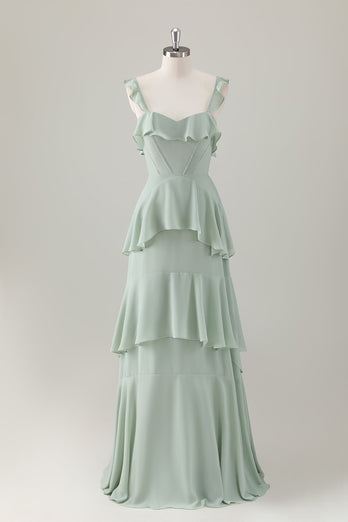 Hellgrünes A Linien Korsett Chiffon Langes Brautjungfernkleid mit Rüschen