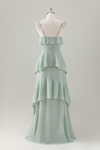 Hellgrünes A Linien Korsett Chiffon Langes Brautjungfernkleid mit Rüschen
