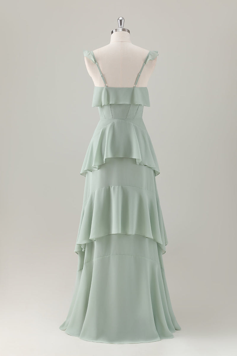 Laden Sie das Bild in den Galerie-Viewer, Hellgrünes A Linien Korsett Chiffon Langes Brautjungfernkleid mit Rüschen