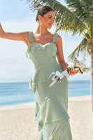 Laden Sie das Bild in den Galerie-Viewer, Hellgrünes A Linien Korsett Gestuftem Chiffon Langes Brautjungfernkleid