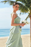 Laden Sie das Bild in den Galerie-Viewer, Hellgrünes A Linien Korsett Gestuftem Chiffon Langes Brautjungfernkleid