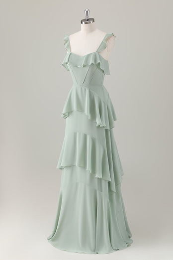 Hellgrünes A Linien Korsett Chiffon Langes Brautjungfernkleid mit Rüschen