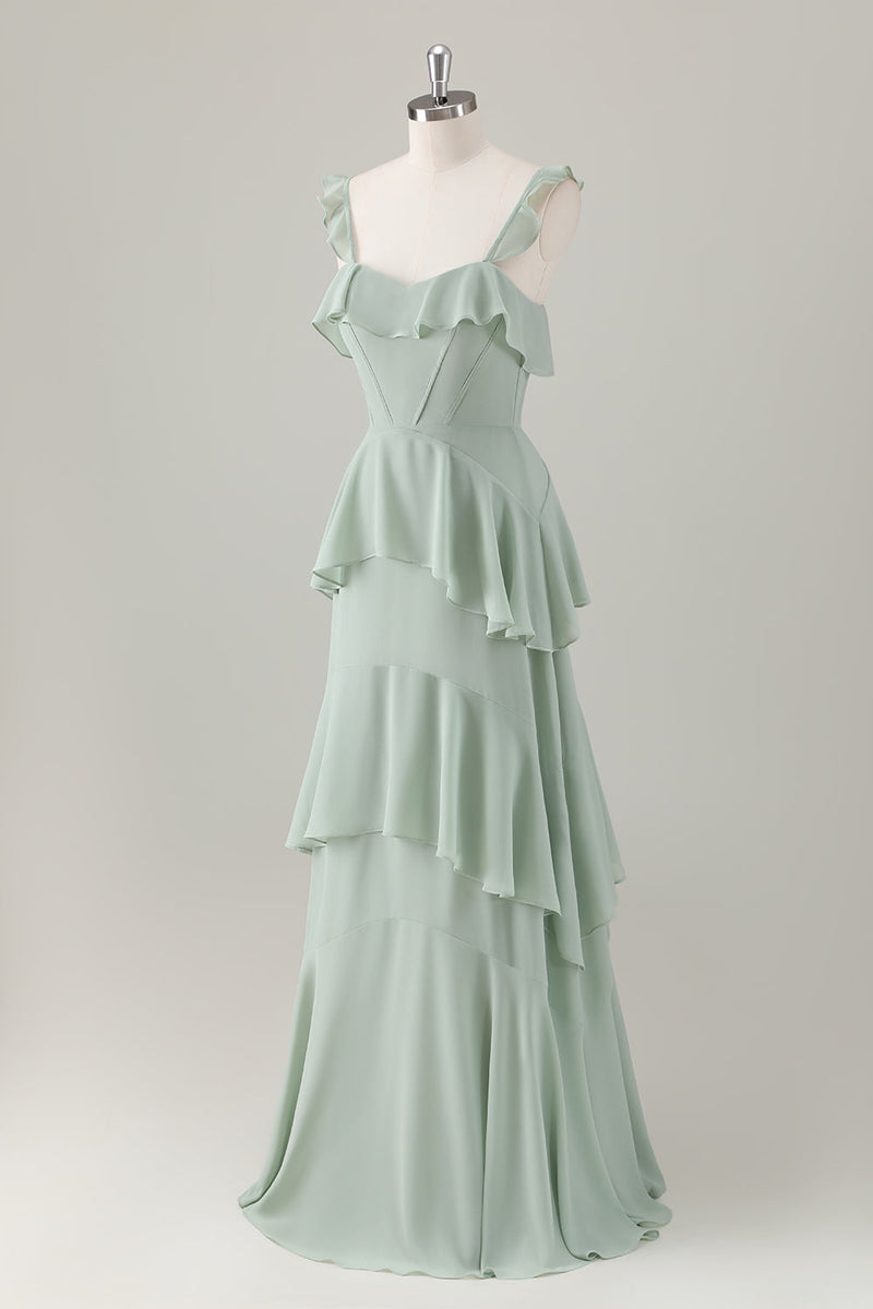 Laden Sie das Bild in den Galerie-Viewer, Hellgrünes A Linien Korsett Chiffon Langes Brautjungfernkleid mit Rüschen