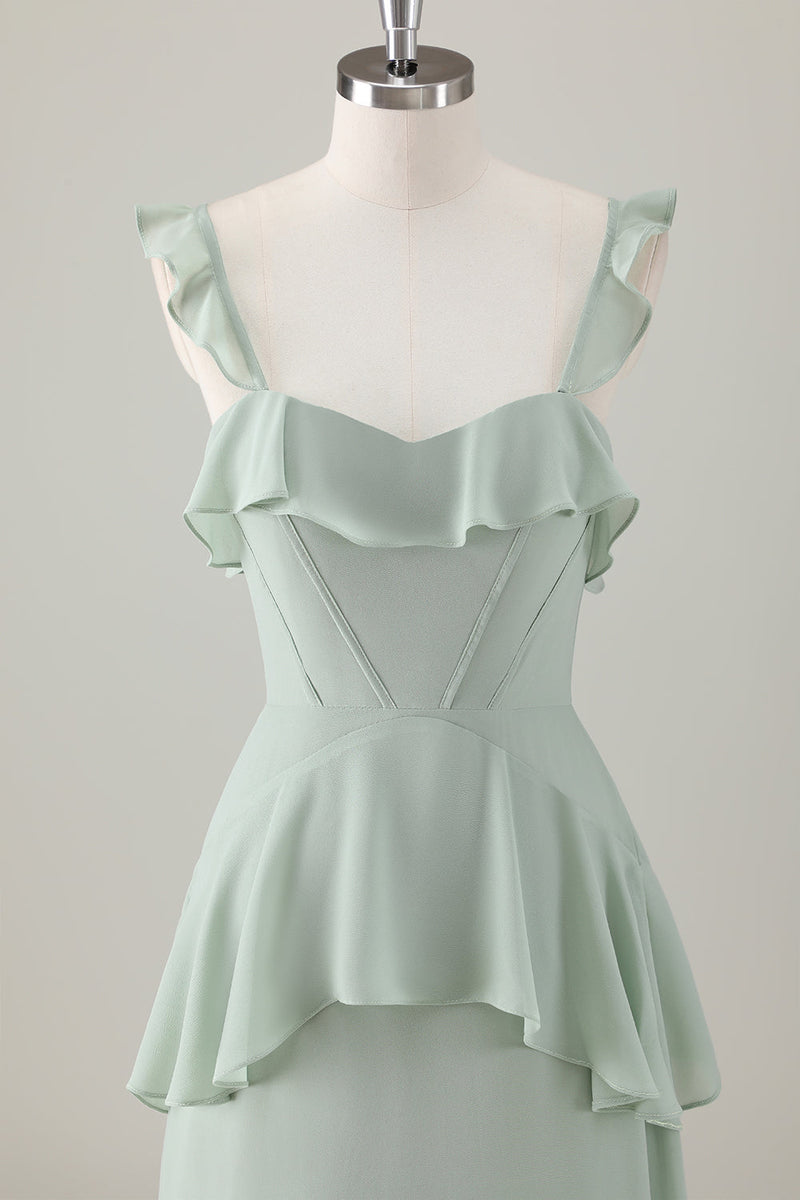 Laden Sie das Bild in den Galerie-Viewer, Hellgrünes A Linien Korsett Chiffon Langes Brautjungfernkleid mit Rüschen