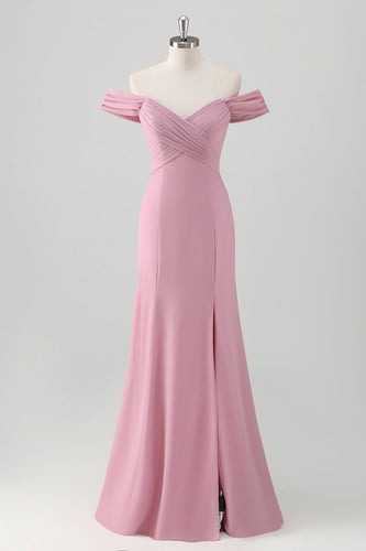 Rosa Meerjungfrau Schulterfrei Langes Brautjungfernkleid mit Schlitz