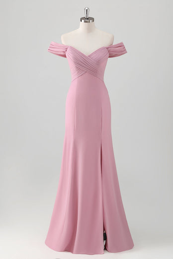 Rosa Meerjungfrau Schulterfrei Langes Brautjungfernkleid mit Schlitz