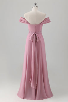 Rosa Meerjungfrau Schulterfrei Langes Brautjungfernkleid mit Schlitz