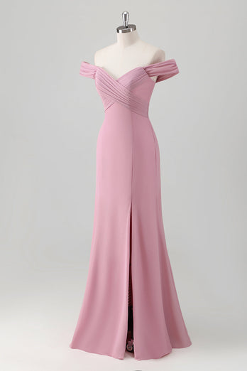 Rosa Meerjungfrau Schulterfrei Langes Brautjungfernkleid mit Schlitz